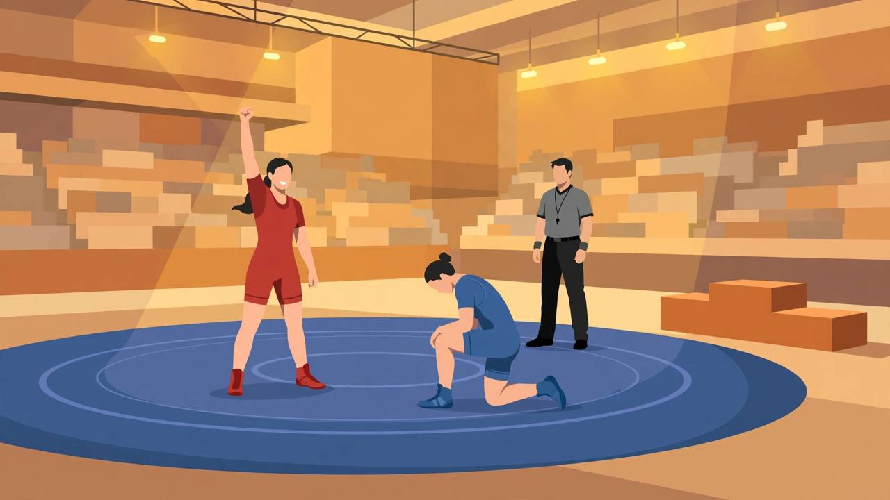 Editorial illustration of a women's wrestling bronze-medal bout on an arena mat, the winner in red raising her arm as her opponent kneels and the referee watches