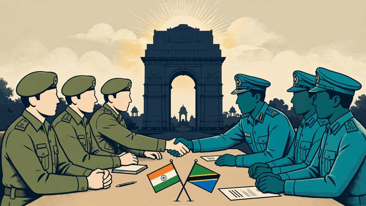 Editorial illustration of generic army officers from India and Tanzania shaking hands across a conference table in New Delhi with a war memorial silhouette, representing the inaugural Army Staff Talks