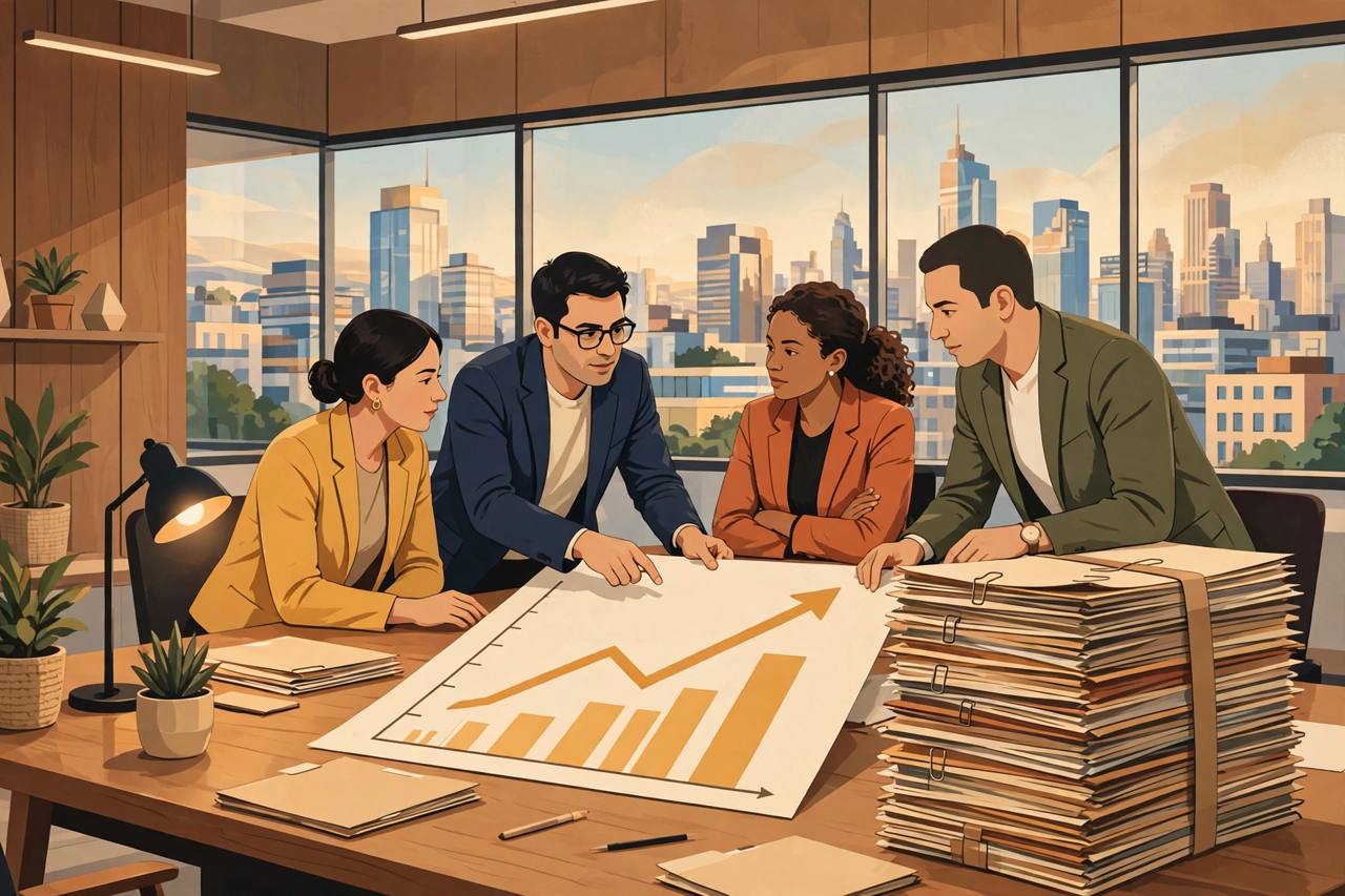 Editorial illustration of generic finance professionals reviewing a rising growth chart beside a large stack of loan files in an office, no real person's likeness