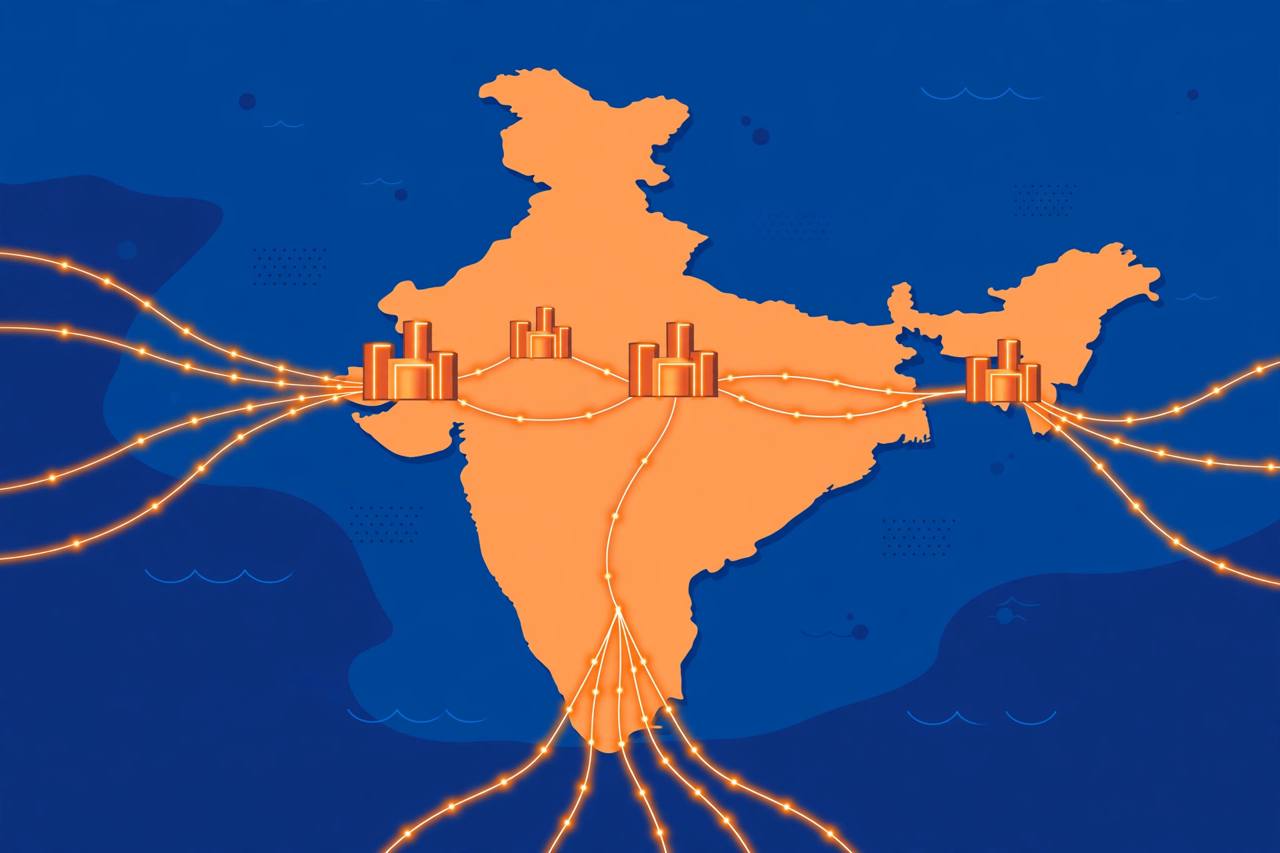 Editorial illustration of a stylised map of India with glowing fibre-optic cables linking data-centre buildings and reaching the coasts as undersea cables