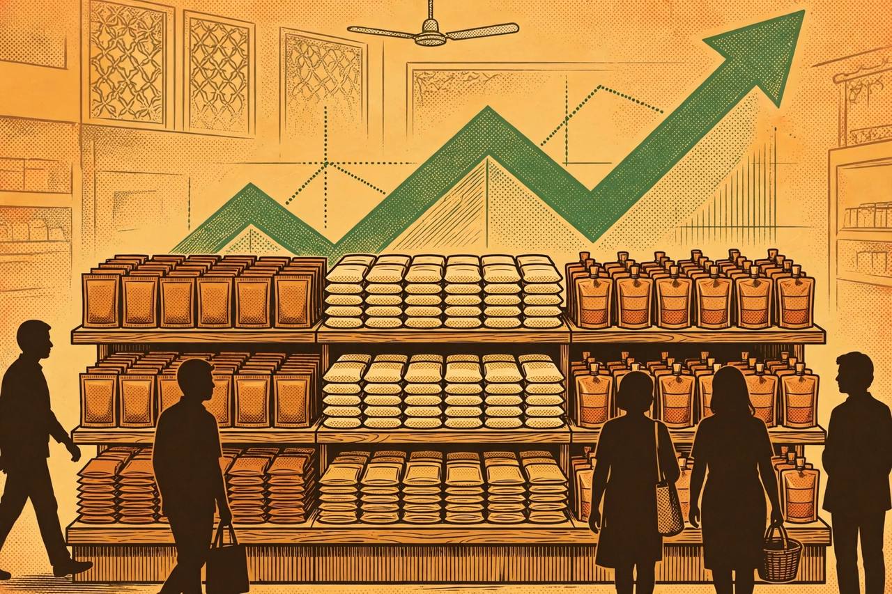 Editorial illustration of an Indian supermarket shelf with tea, salt and spice packs and a rising sales chart