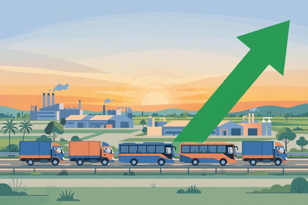 Editorial illustration of cargo trucks and buses on an Indian highway at sunrise, generic drivers