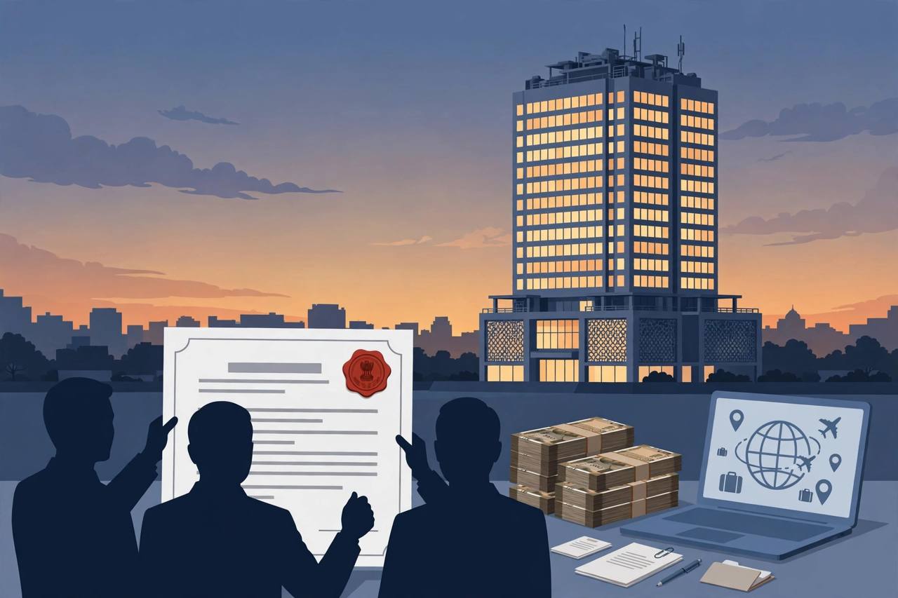 Editorial illustration of officials holding a sealed penalty notice in front of a corporate tower, with a travel-booking laptop beside stacks of currency