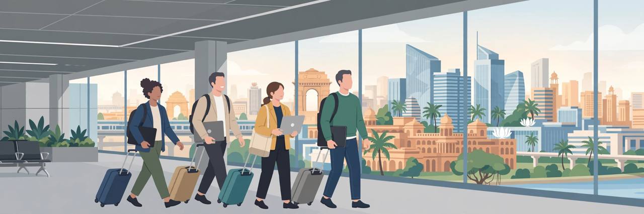 Editorial illustration of technology professionals with laptops and suitcases arriving at an airport, with an Indian tech skyline ahead
