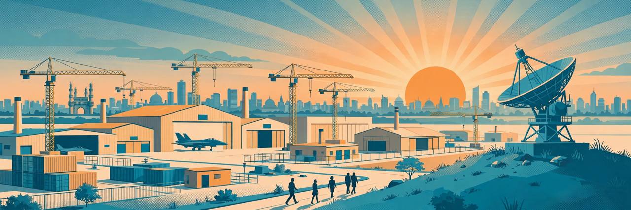 Editorial illustration of a generic aerospace and defence industry hub at sunrise, with hangars, a fighter jet, cranes and a radar dish near Hyderabad