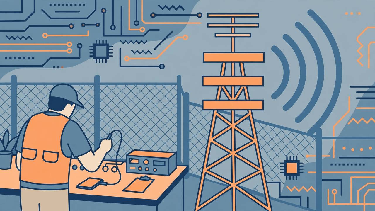 Editorial illustration of a generic engineer testing telecom equipment beside a mobile tower inside a fenced testing zone — flat style, no text, no real person's face