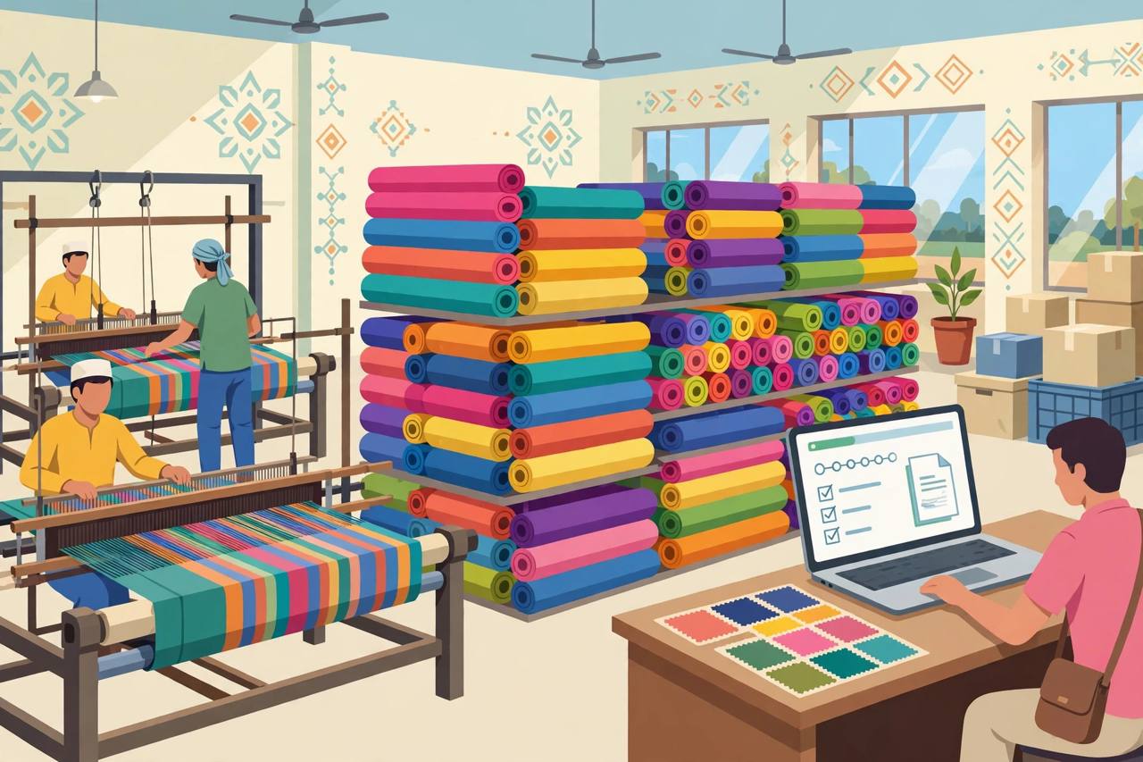 Editorial illustration of an Indian textile factory with colourful fabric rolls, looms and a worker applying on a laptop