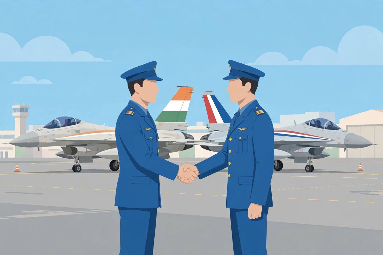 Editorial illustration of generic air force officers shaking hands in front of fighter jets