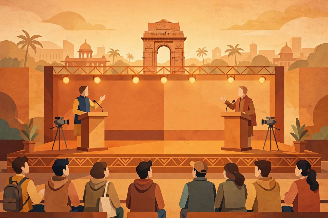 Editorial illustration of two generic speakers debating at a television summit stage with young voters in the audience