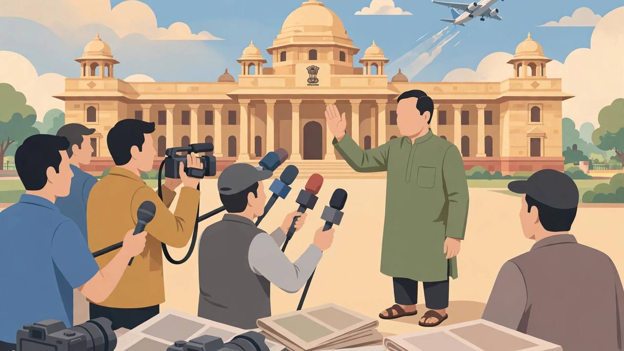 Editorial illustration of a generic politician waving away reporters' microphones outside a government building, with an airplane in the distant sky