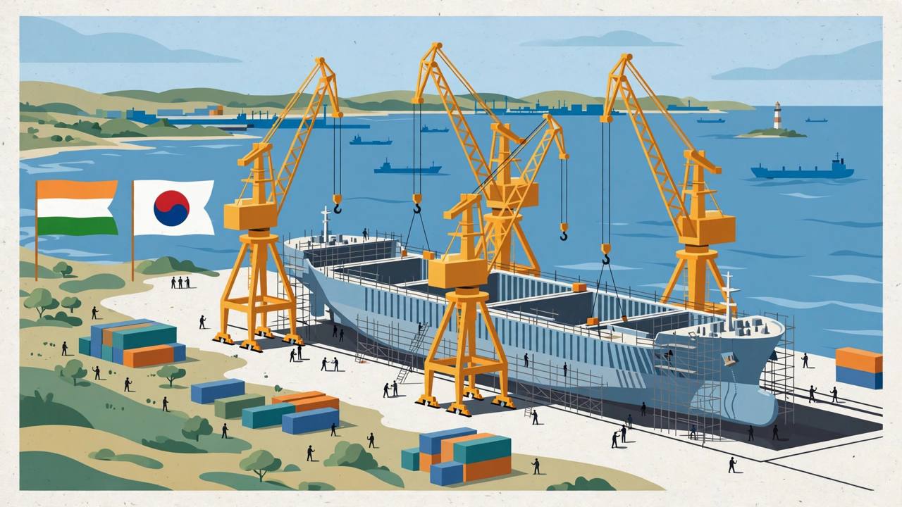 Editorial illustration of a large shipyard with cranes building a cargo ship on the Indian coast, with Indian and South Korean flags