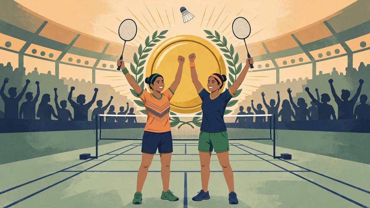 Editorial illustration of two generic women para badminton players standing on court with rackets raised in front of a gold medal