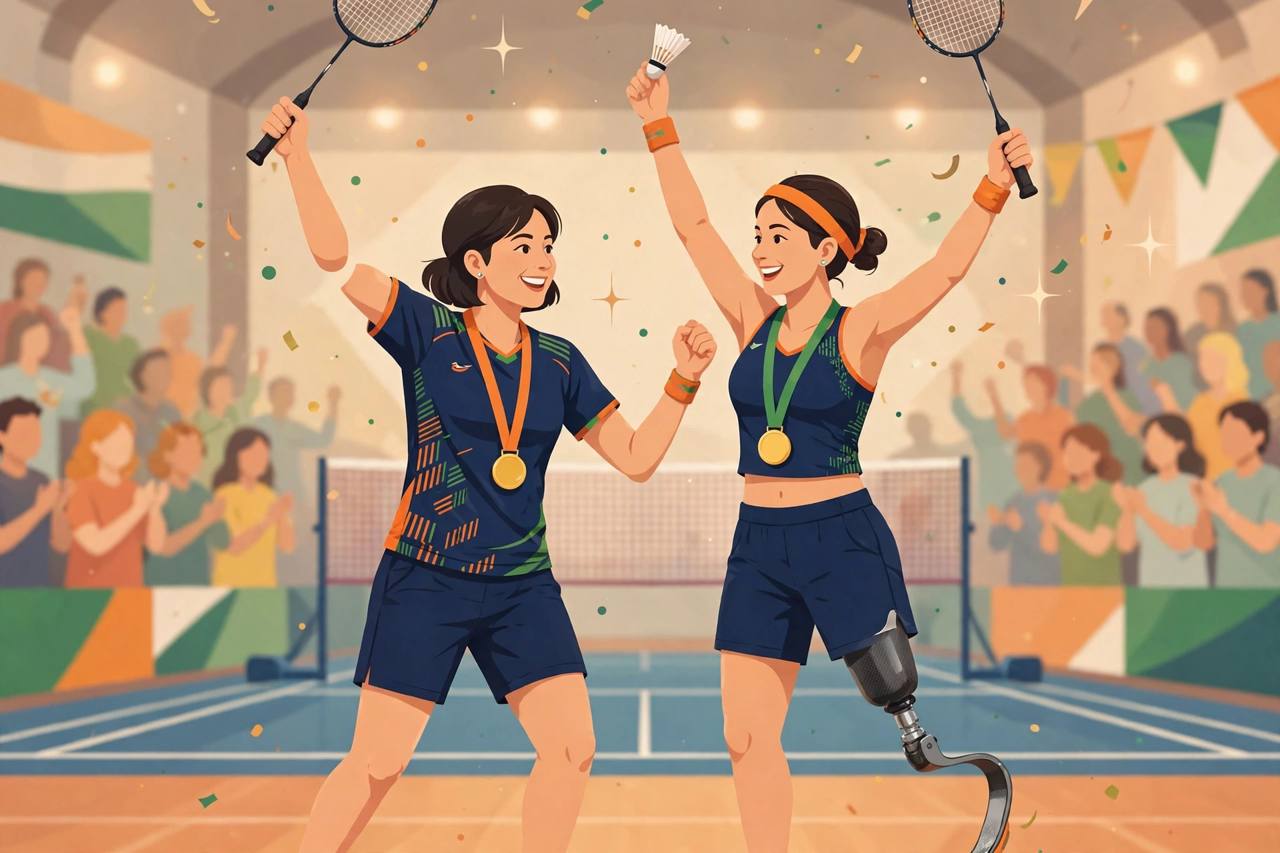 Editorial illustration of two generic Indian women para-badminton players celebrating a doubles gold medal