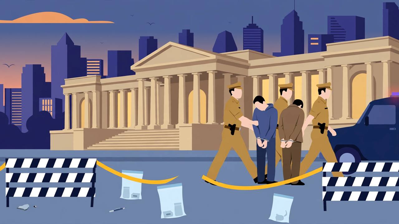 Editorial illustration of generic police officers escorting two handcuffed generic suspects to a police van outside a courthouse in Mumbai