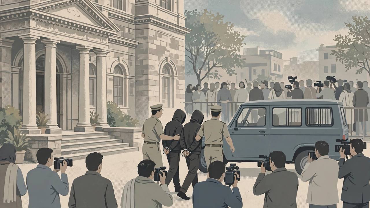 Editorial illustration of police escorting hooded accused men outside a courthouse, faces not visible