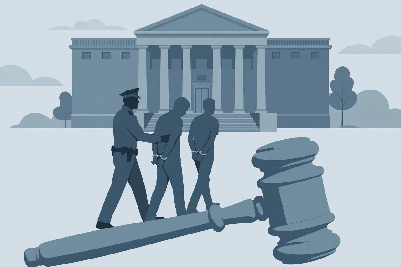 Editorial illustration of a courthouse, a police escort and a gavel symbolising a court custody hearing