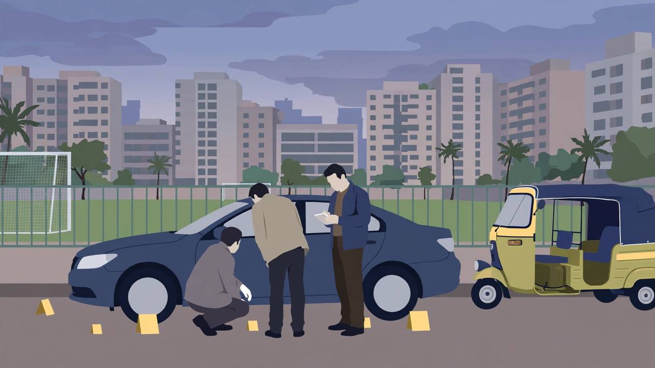 Editorial illustration of investigators examining a car with evidence markers outside a football ground in Mumbai, an auto-rickshaw nearby