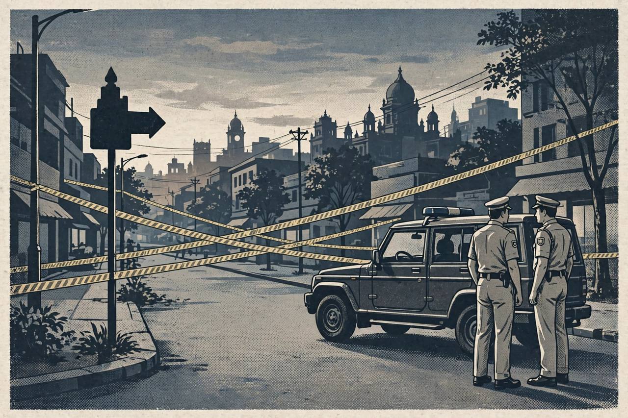 Editorial illustration of police officers beside a police vehicle on an Indore street at dusk; no real person depicted