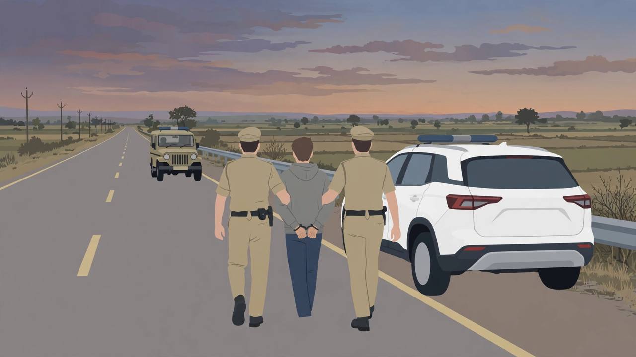 Flat editorial illustration of two police officers escorting a generic handcuffed man toward a white police vehicle on a Haryana highway at dusk; no real person depicted