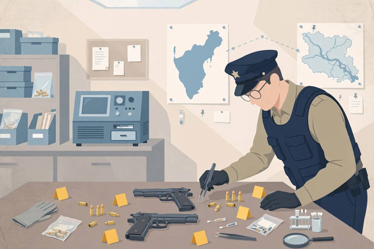 Editorial illustration of a police forensic officer examining two pistols and cartridges on an evidence table