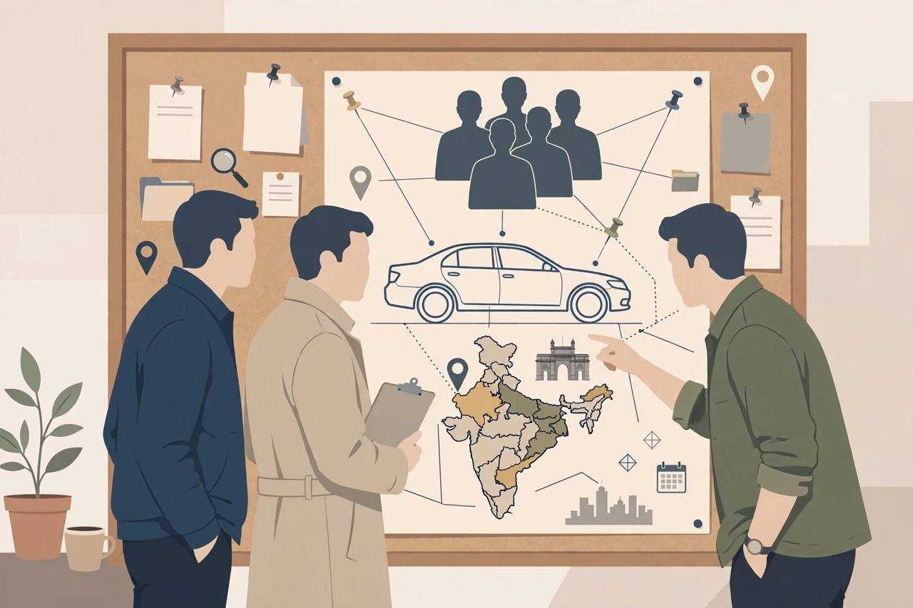 Editorial illustration of generic investigators studying a case board with a car outline and a map of India