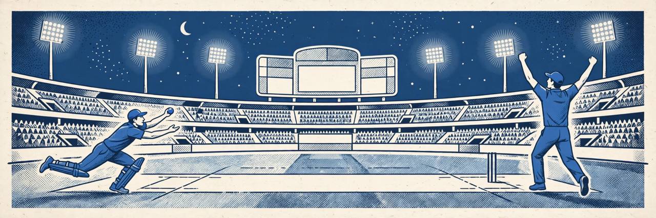 Editorial illustration of a generic cricket fielder taking a catch and a generic left-arm bowler celebrating at a stadium; no real person depicted