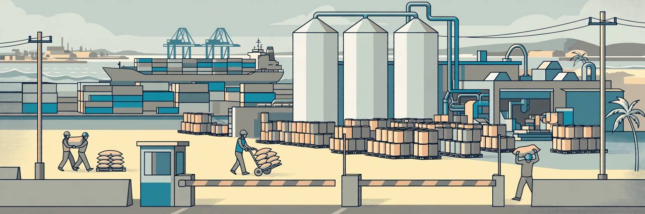 Editorial illustration of a pigment factory and port with storage silos, drums, a container ship and generic workers moving sacks at a customs checkpoint