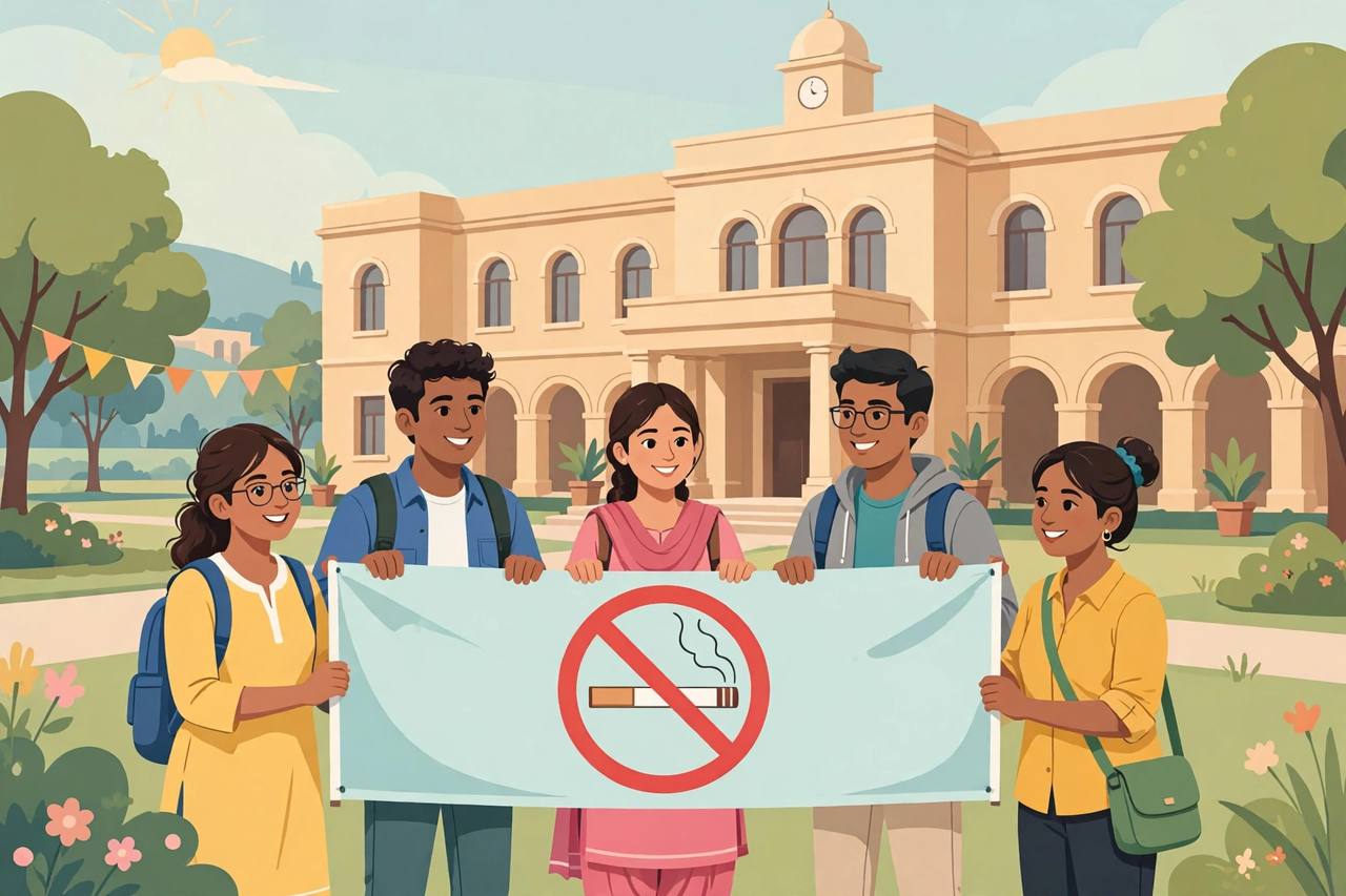 Editorial illustration of college students holding a no-tobacco banner outside a university building