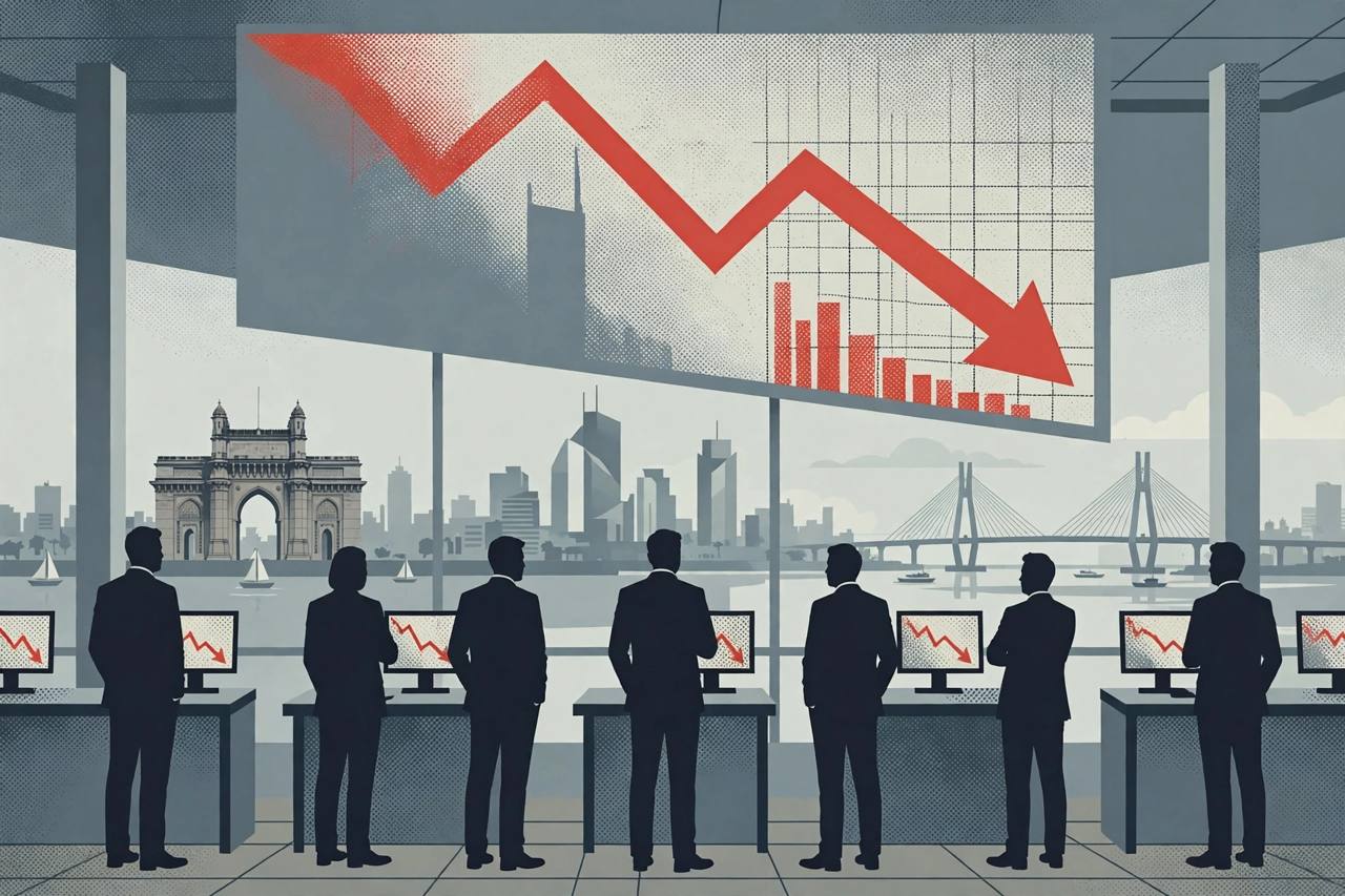 Editorial illustration of traders watching a falling stock-market chart. (Editorial illustration)