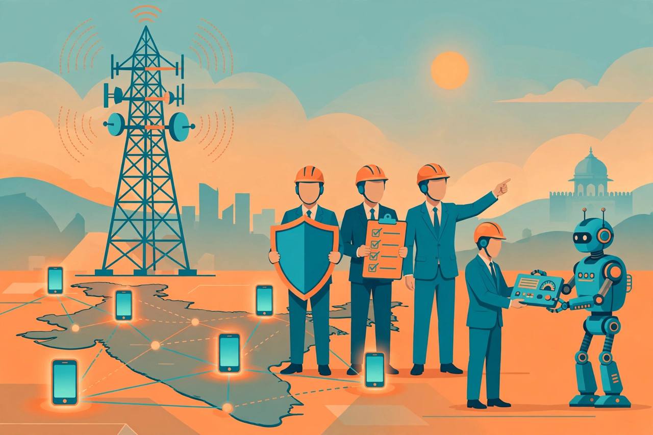 Editorial illustration of telecom engineers with a shield and checklist beside a mobile tower and a vendor robot handing over a control panel, over a map of India dotted with phones