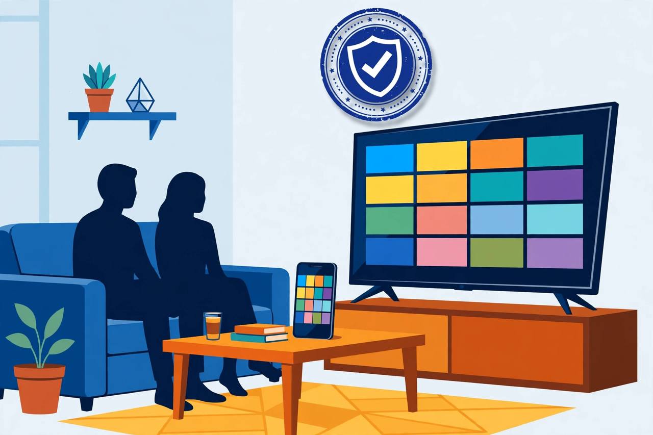 Smart TV and smartphone showing rows of generic linear TV channel tiles under an authorisation shield symbol (Editorial illustration)