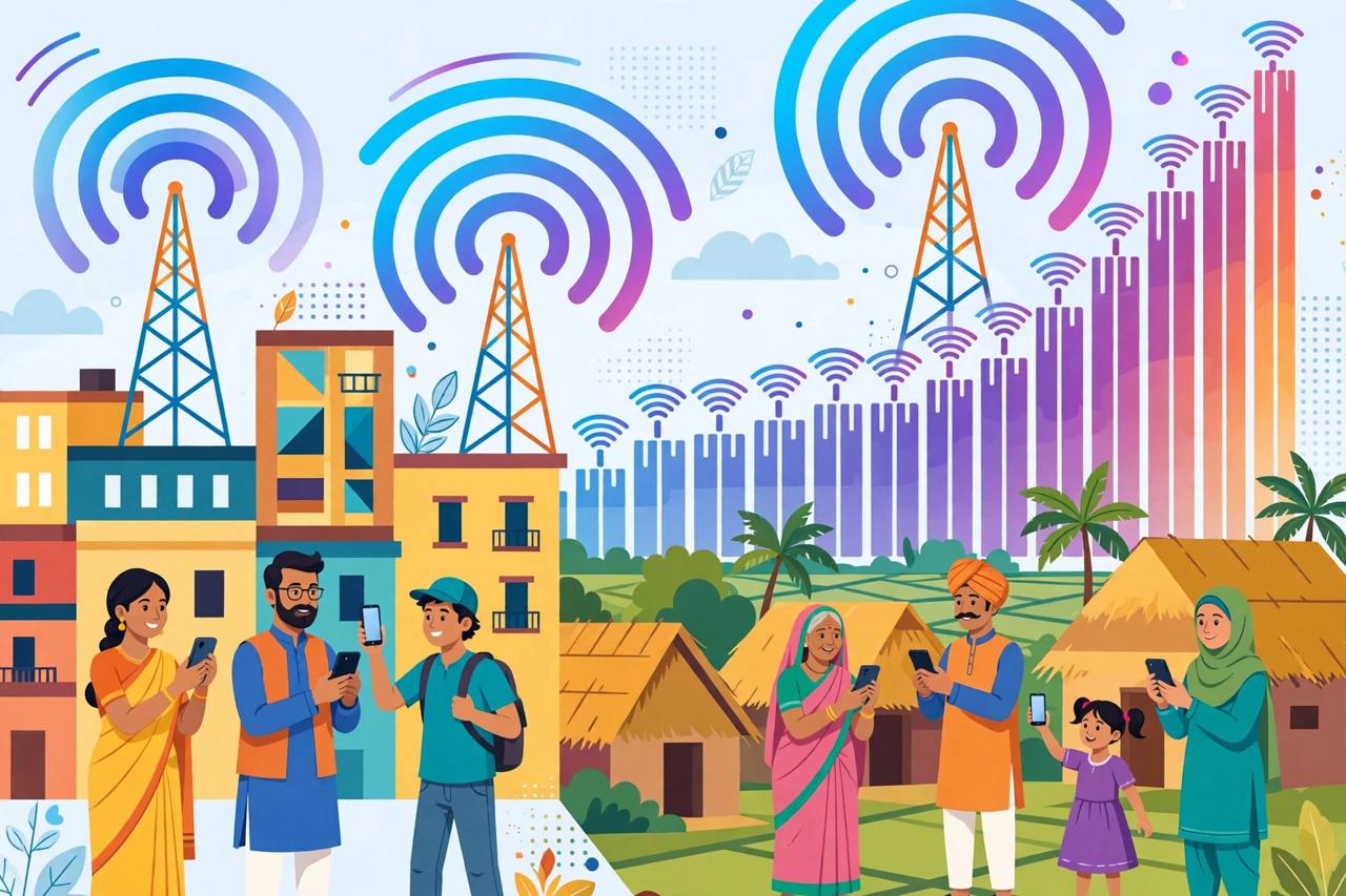 Editorial illustration of diverse generic people in Indian cities and villages holding smartphones, with telecom towers, signal waves and rising signal bars
