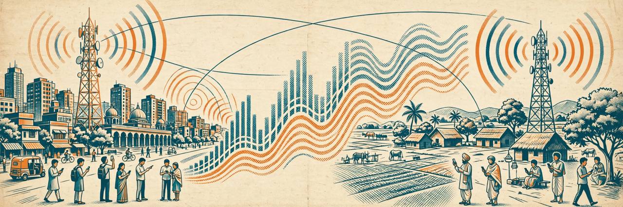 Editorial illustration of mobile towers and generic people with smartphones in an Indian city and village, symbolising telecom subscriber growth, generic figures only