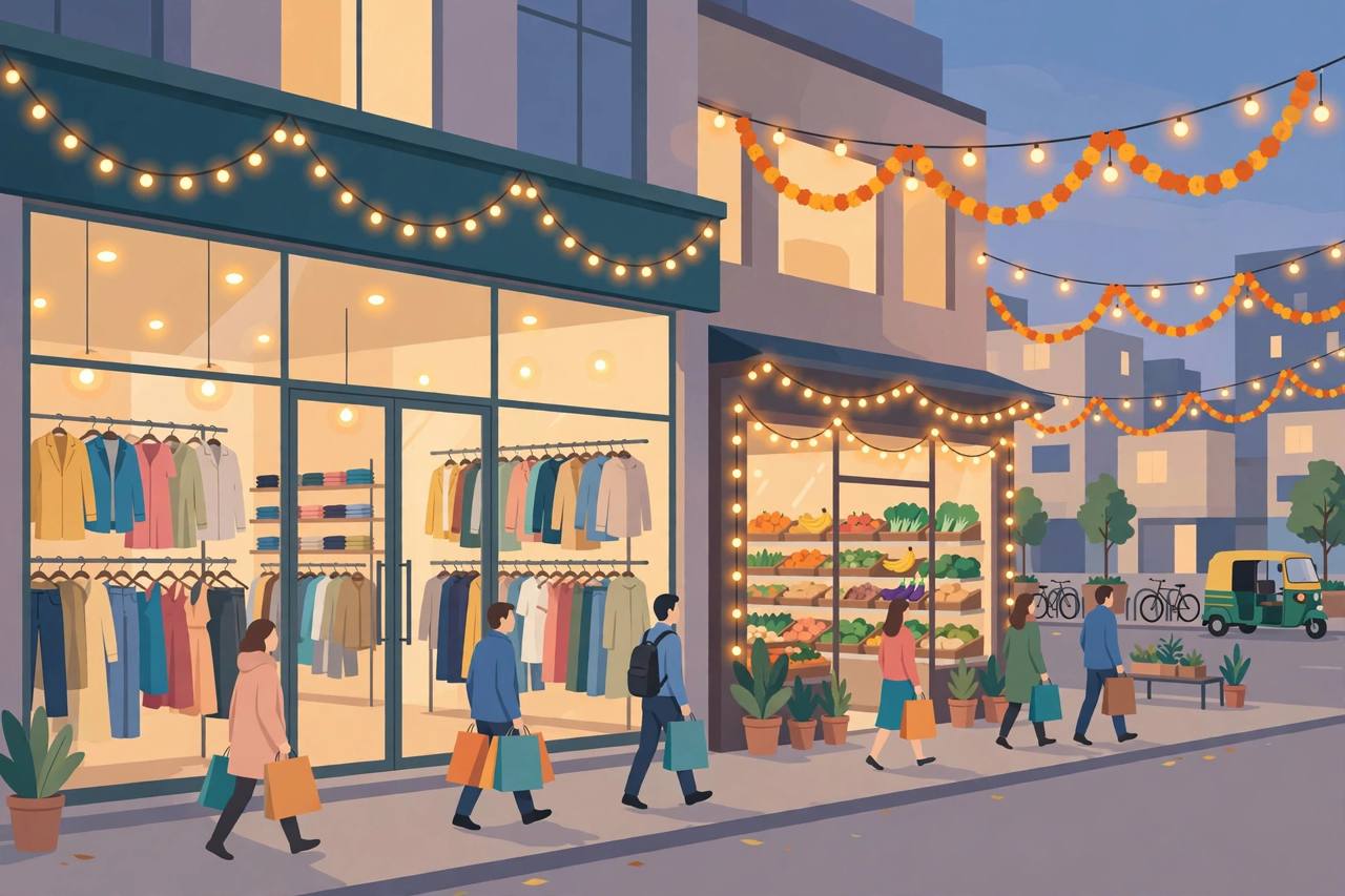 Flat editorial illustration of a fashion clothing store and a grocery store on an Indian city street at dusk, with generic shoppers carrying bags