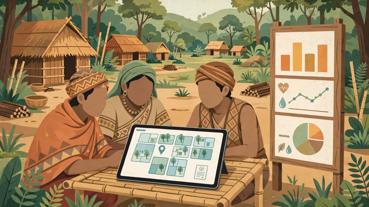 Editorial illustration of tribal villagers in a forest village looking at a digital forest-rights map on a tablet, with a health data chart board beside them