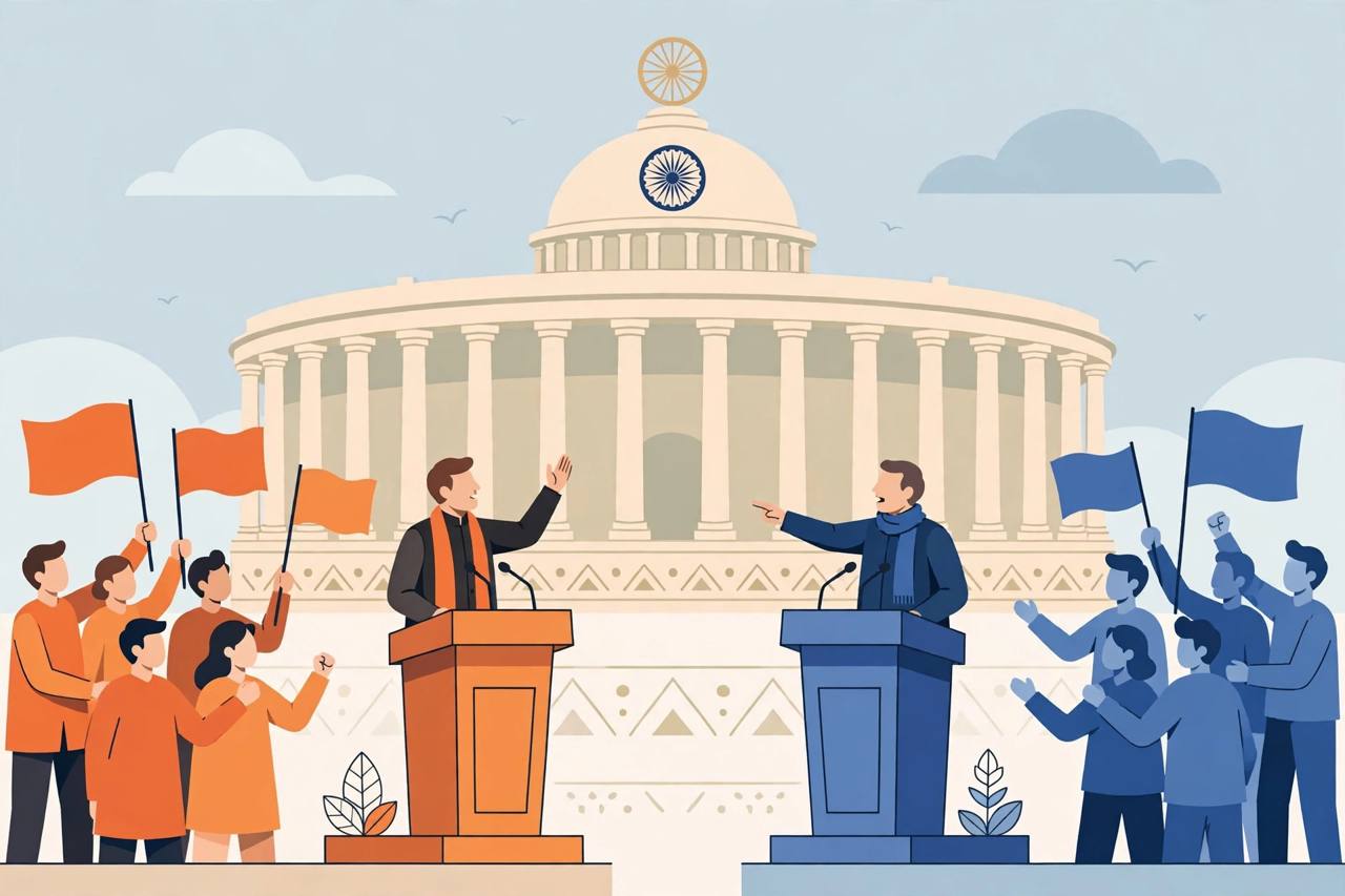 Editorial illustration of generic political leaders debating at podiums in front of a stylised Indian Parliament building