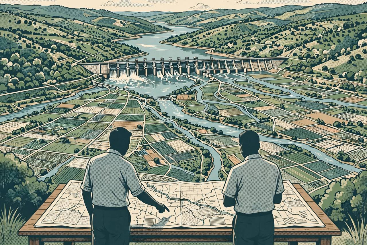 Editorial illustration of a river barrage in a green valley with generic officials studying a project map