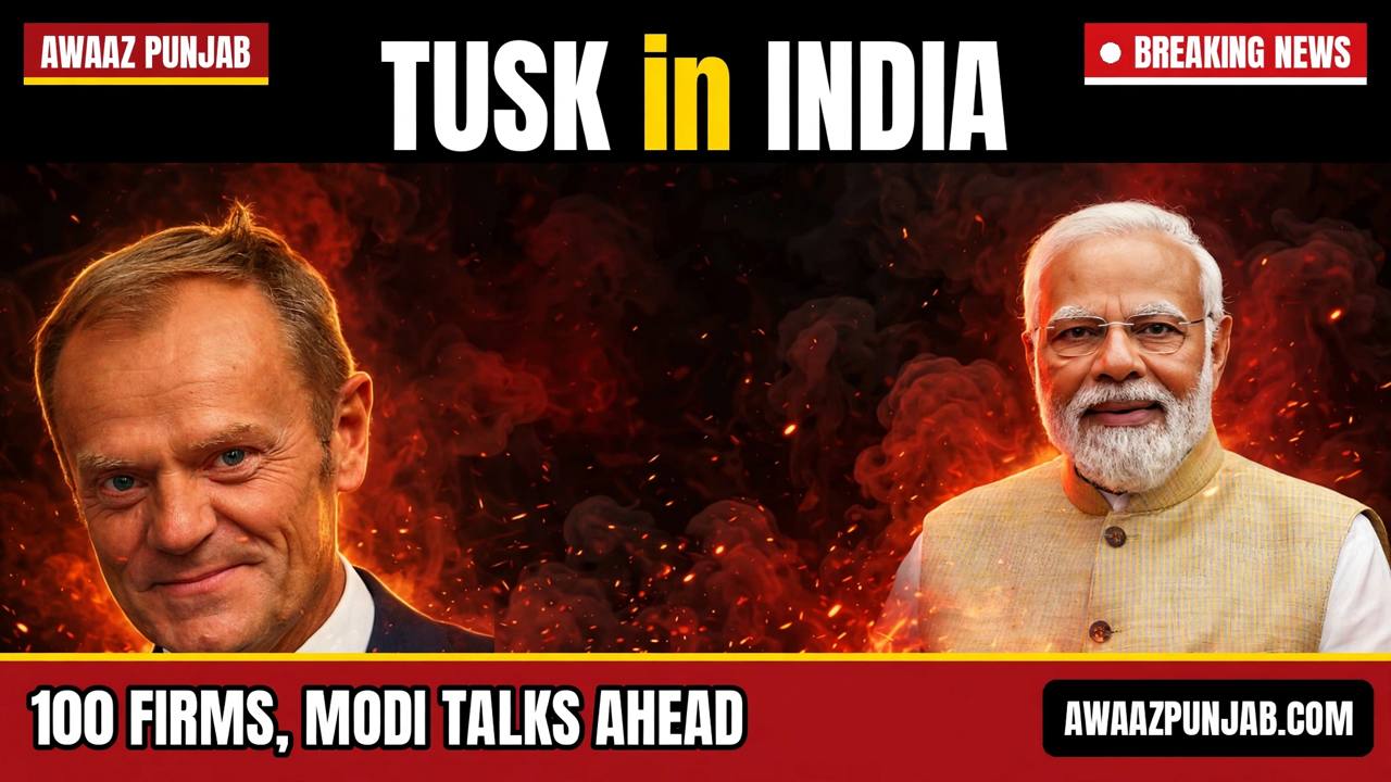 Branded Awaaz Punjab thumbnail with real-photo cut-outs of Polish Prime Minister Donald Tusk and Prime Minister Narendra Modi