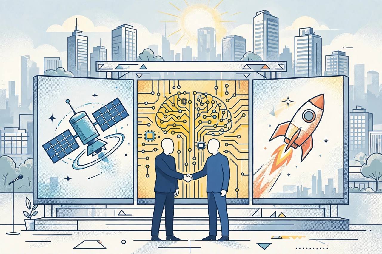 Editorial illustration of a technology business forum in Bengaluru with generic businesspeople shaking hands and abstract satellite and AI screens, flat style, no text, no real people
