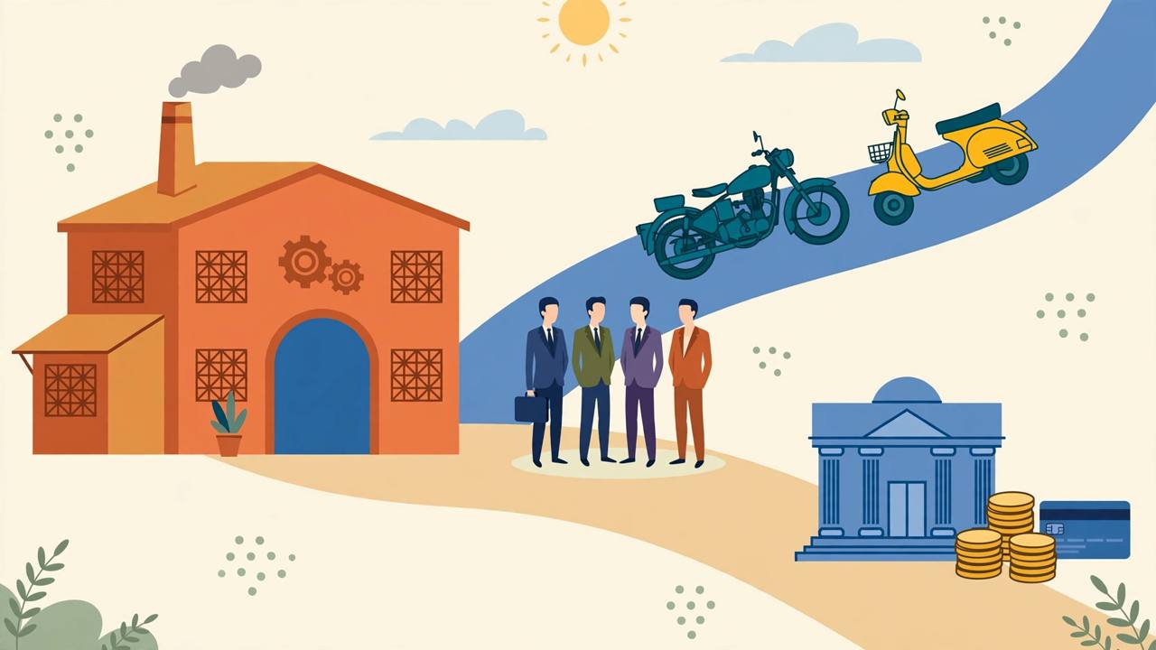 Editorial illustration of a two-wheeler factory splitting into two paths, one with a motorcycle and scooter and the other with a bank, coins and a credit card (Editorial illustration)