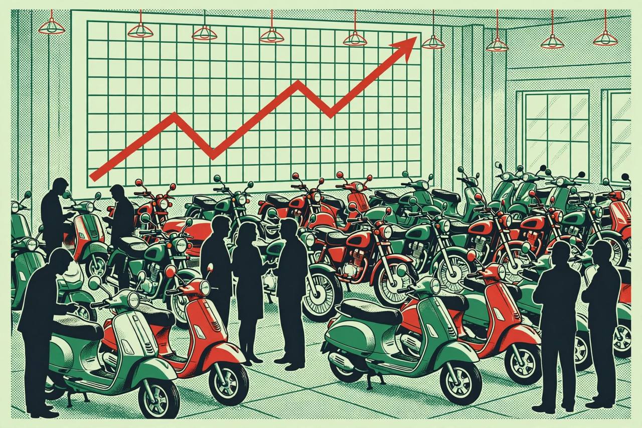 Editorial illustration of motorcycles and scooters in a showroom with an upward sales chart
