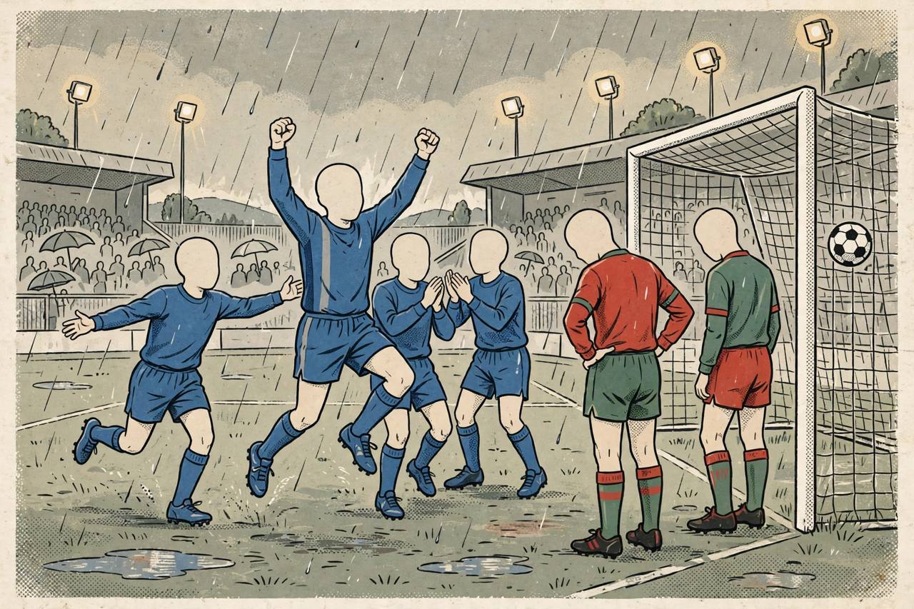 Editorial illustration of a youth football match in the rain, with generic young players in blue celebrating a goal
