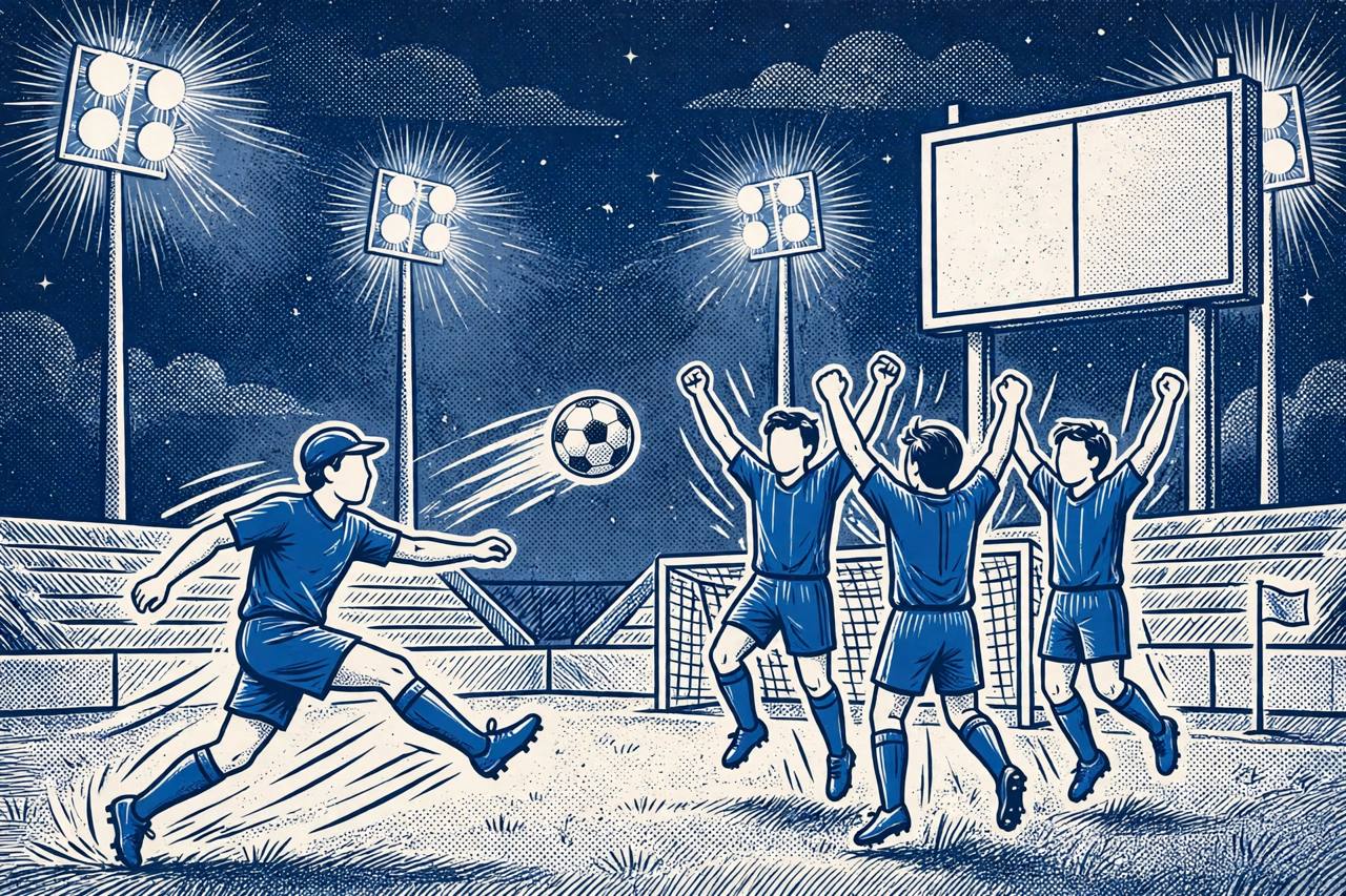 Editorial illustration of young footballers in blue jerseys celebrating a goal in a stadium at night