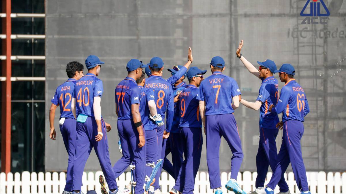 India Under-19 players in blue jerseys celebrating together during an ACC Under-19 Asia Cup match (file photo)