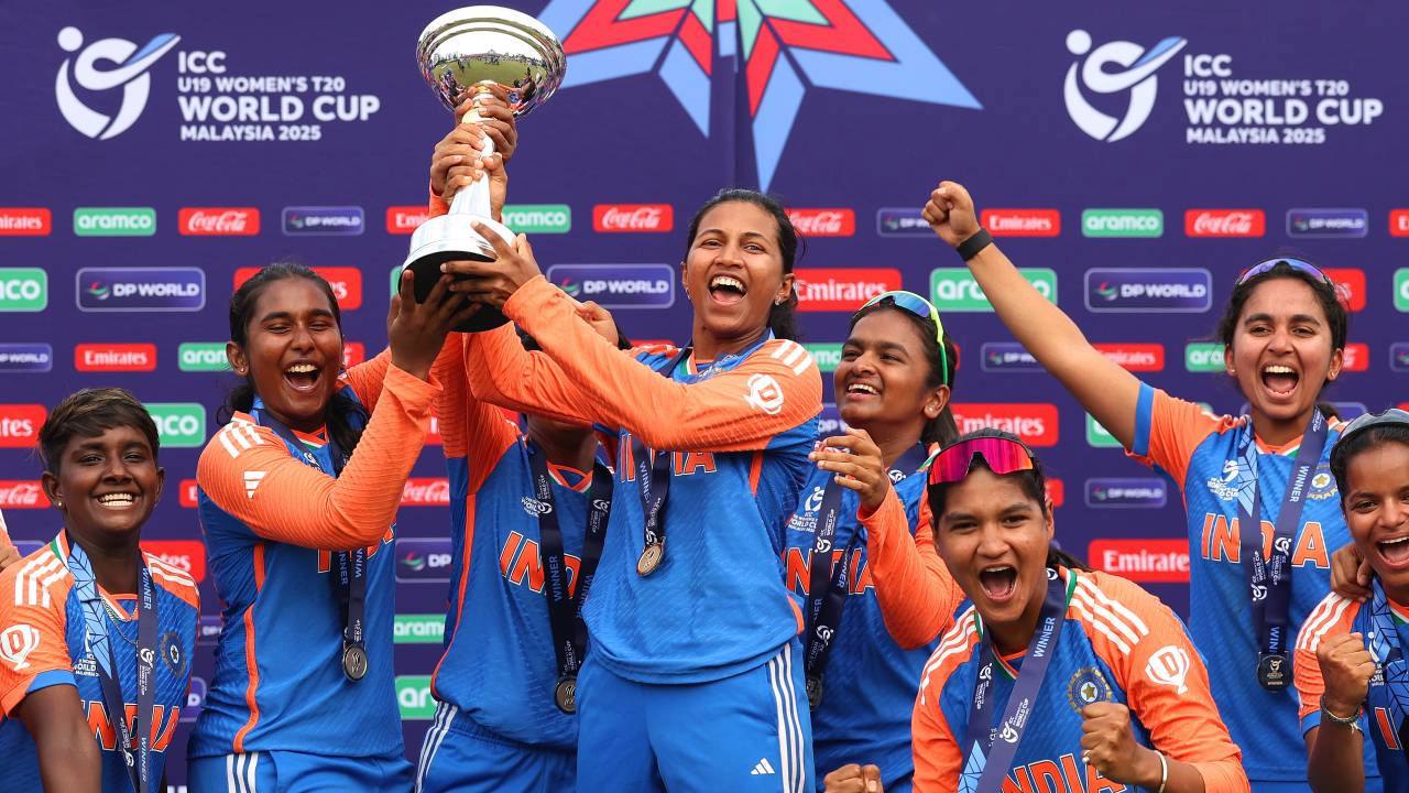 India's Under-19 women's cricket team celebrating with the T20 World Cup trophy as defending champions