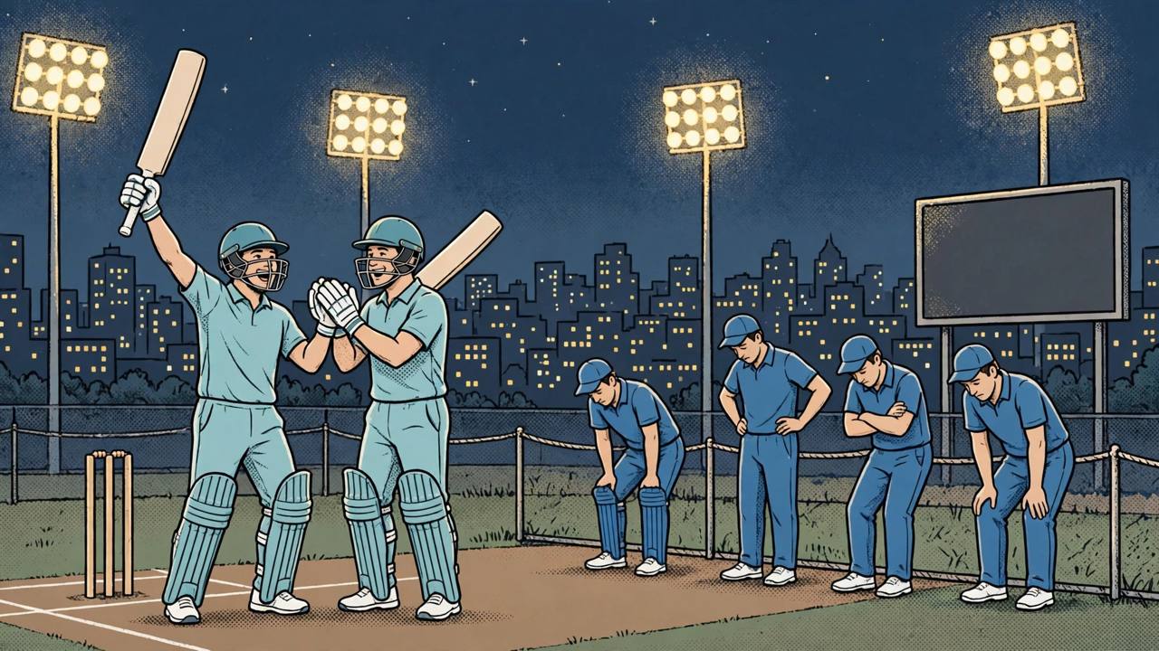 Editorial illustration of a six-a-side cricket match under floodlights, two generic opening batsmen in teal kits celebrating an unbeaten stand while generic fielders in blue look dejected