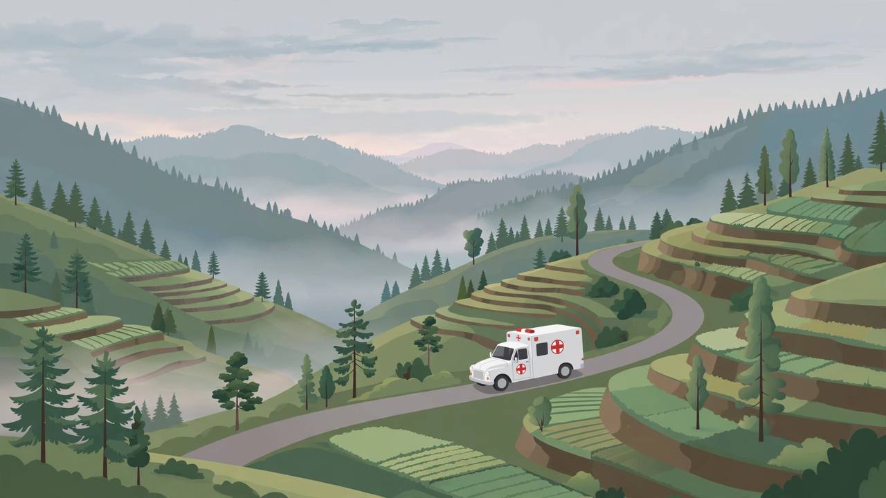 Editorial illustration of an ambulance on a winding mountain road among terraced green hills in the Jammu region at dawn, with no people shown