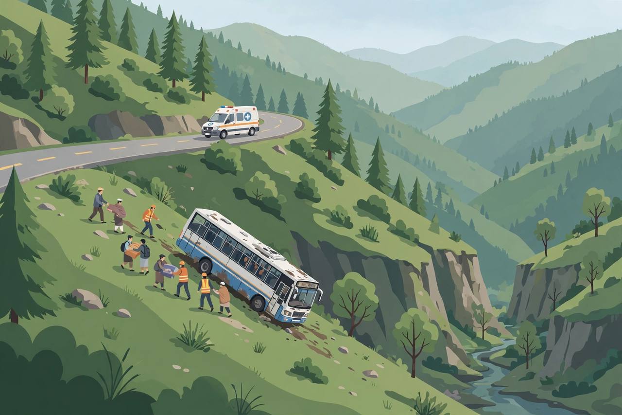 Editorial illustration of a passenger bus tilted down a slope beside a mountain gorge in the Jammu hills, with generic rescue workers and local residents helping passengers and an ambulance on the road above