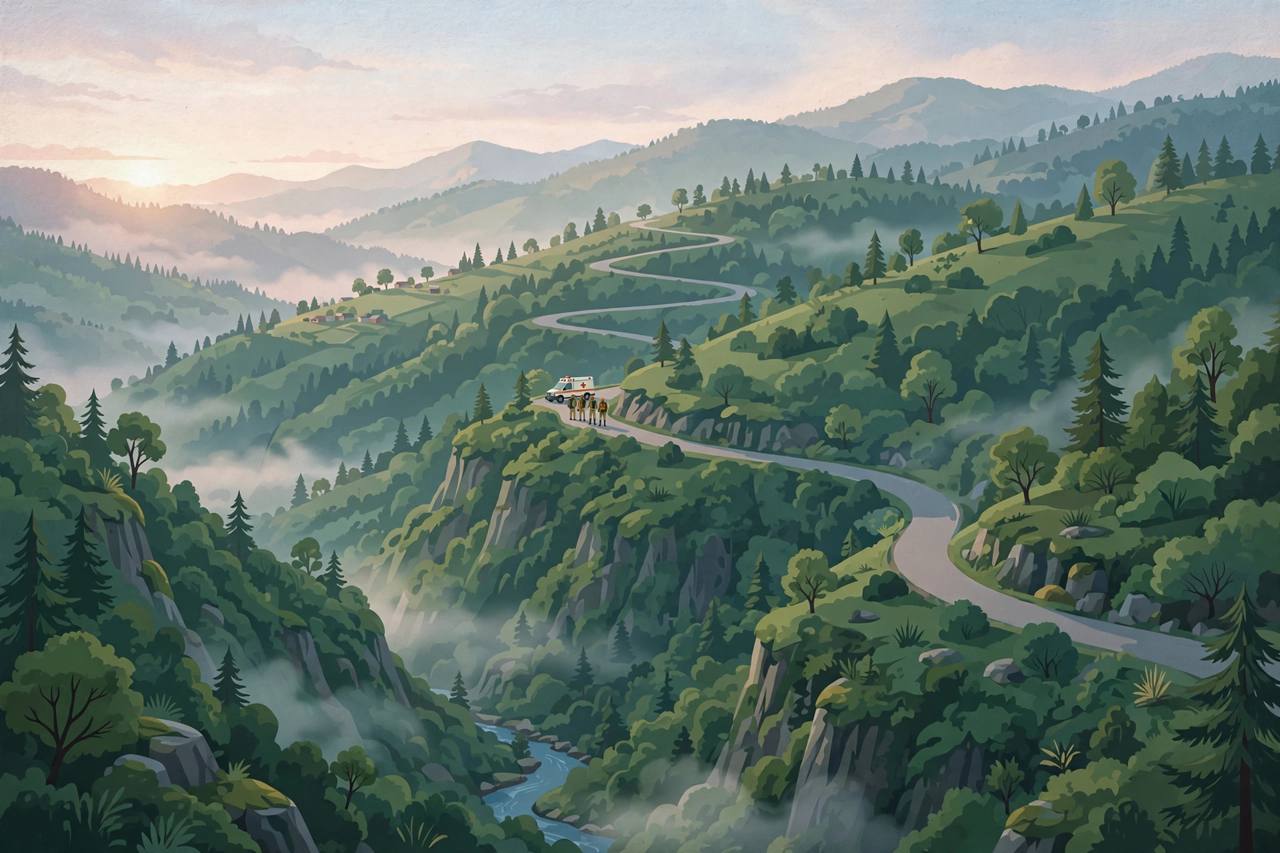 Editorial illustration of a winding mountain road in the Udhampur hills, no crash depicted