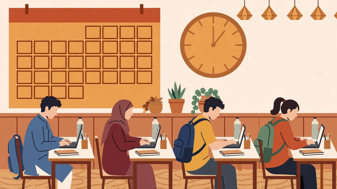Editorial illustration of students taking a computer-based examination with a large calendar and clock in the background